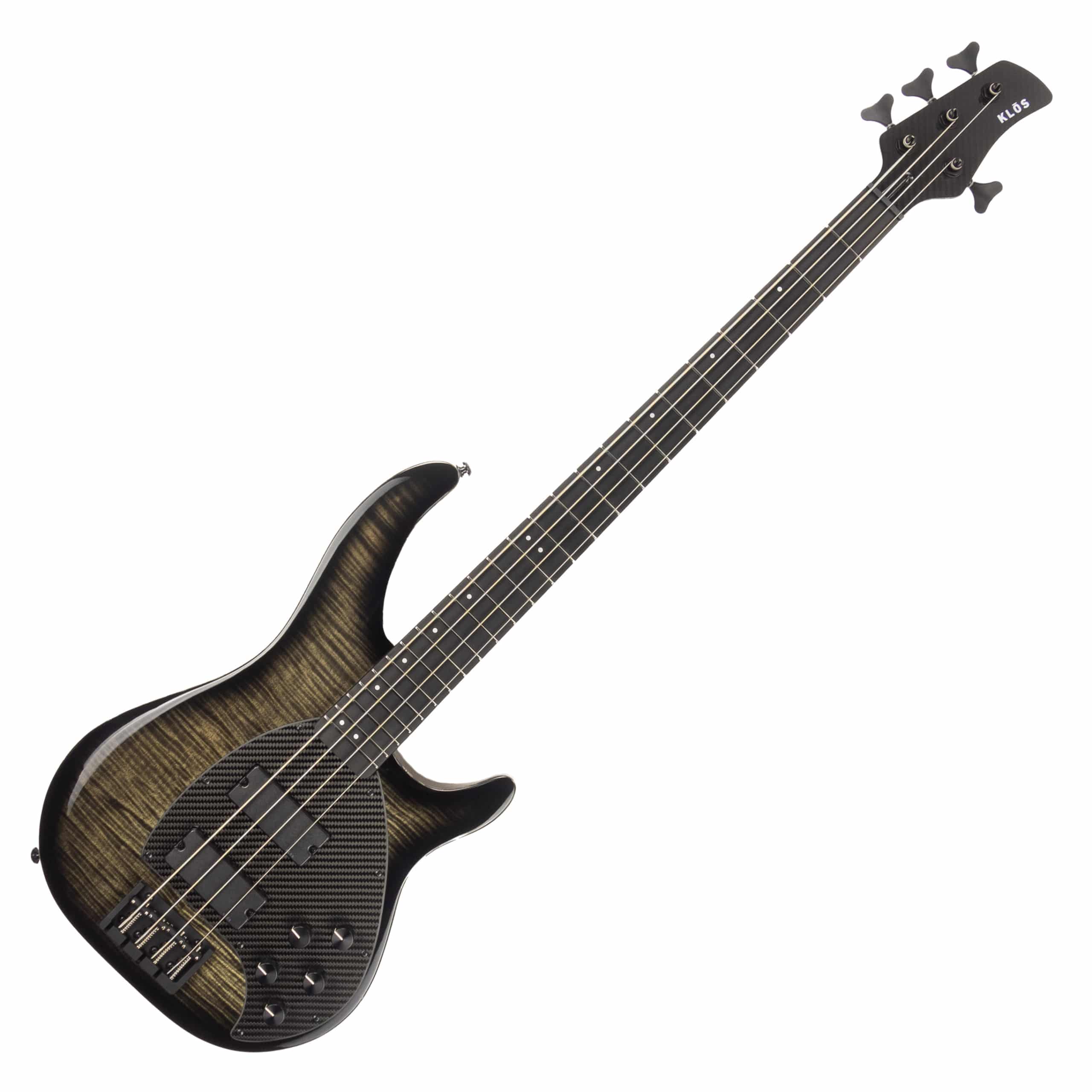 KLOS Apollo IV Custom Bass – Mahogany body / Figured Maple top – Black Transparent Finish – Carbon Fiber neck – 9.0 pounds