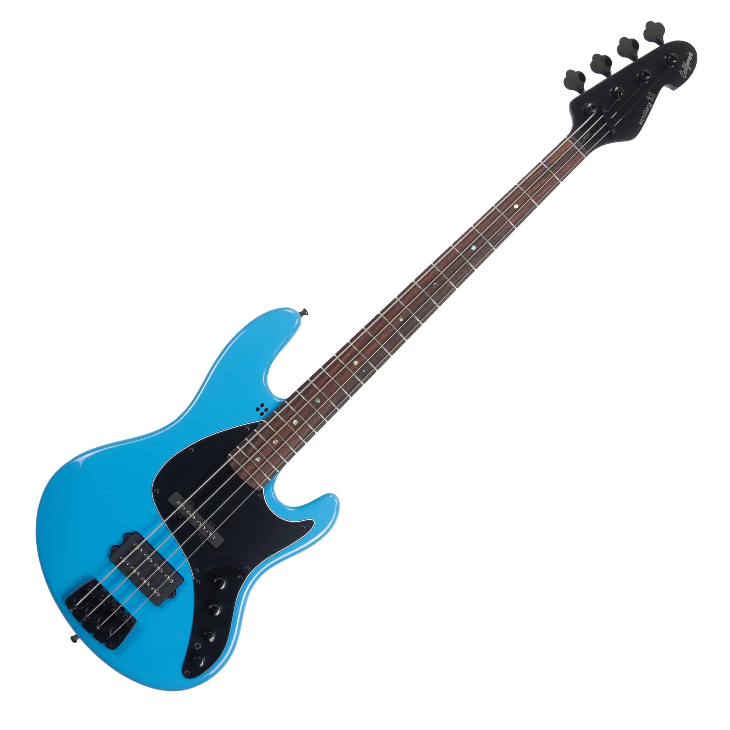 Sandberg California II / TM / Blacklabel PUs / 4-String 34″ / Highgloss Marley Blue / Alder Body / Pau Ferro FB / Varied Dot Inlays / Black Head Stock / Black Hardware / Active 2-EQ / Split Switch / Black Pickguard – 8.4 pounds SN 50009