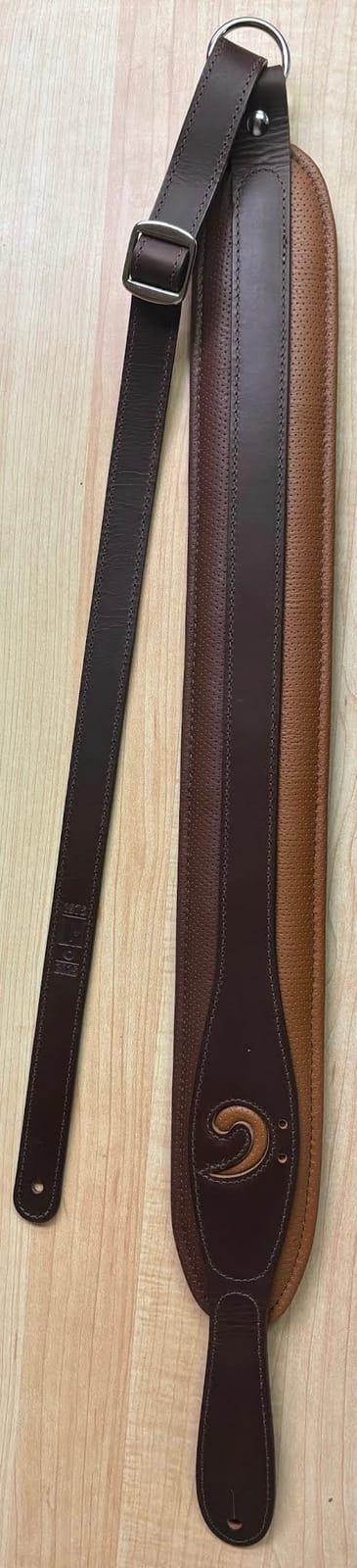 LM Products S-Clef Bass Guitar Strap 3″ wide – Inlayed Bass Clef – Split Clef – Dark Brown on Brown and Tan Perforated